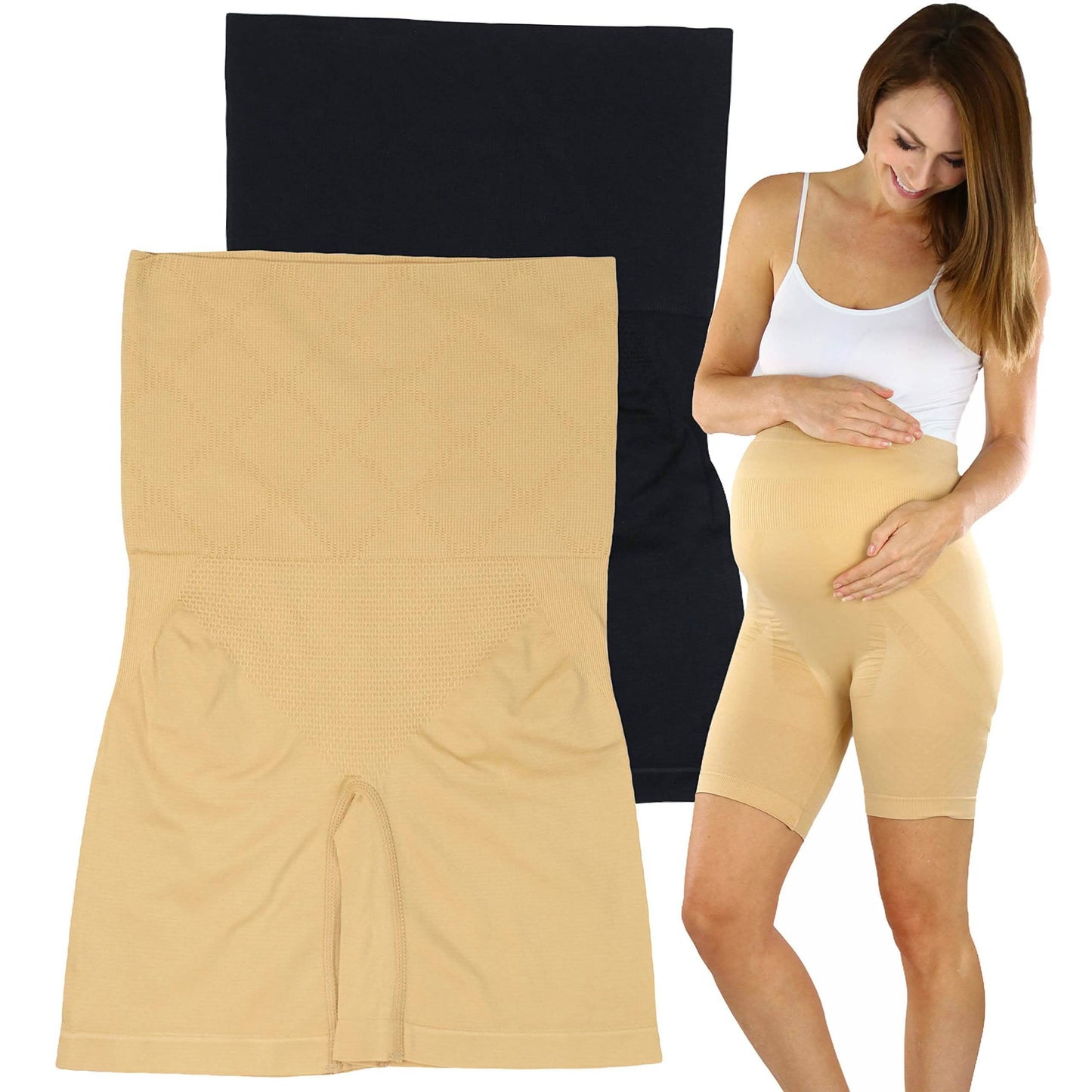 2-Pack: Women's High Waisted Over the Bump Maternity Above the Knee Shorts