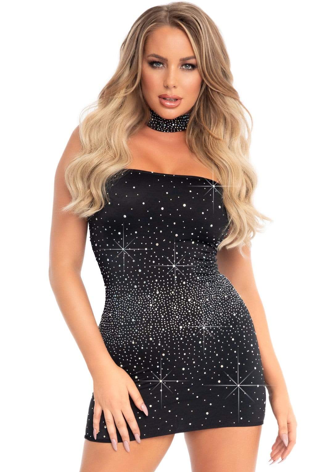2 Pc Rhinestone Tub Dress and Choker Black
