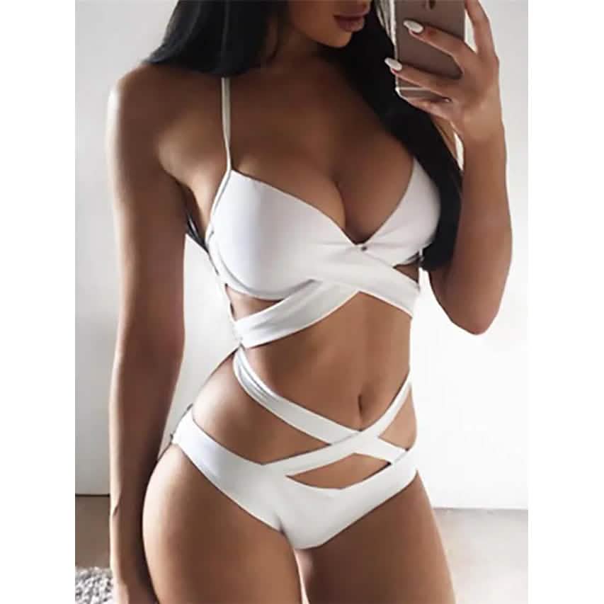 2-Piece Set: Women's Swimwear Bikini Push Up Open Back Solid Color Women's Swimwear & Lingerie White S - DailySale