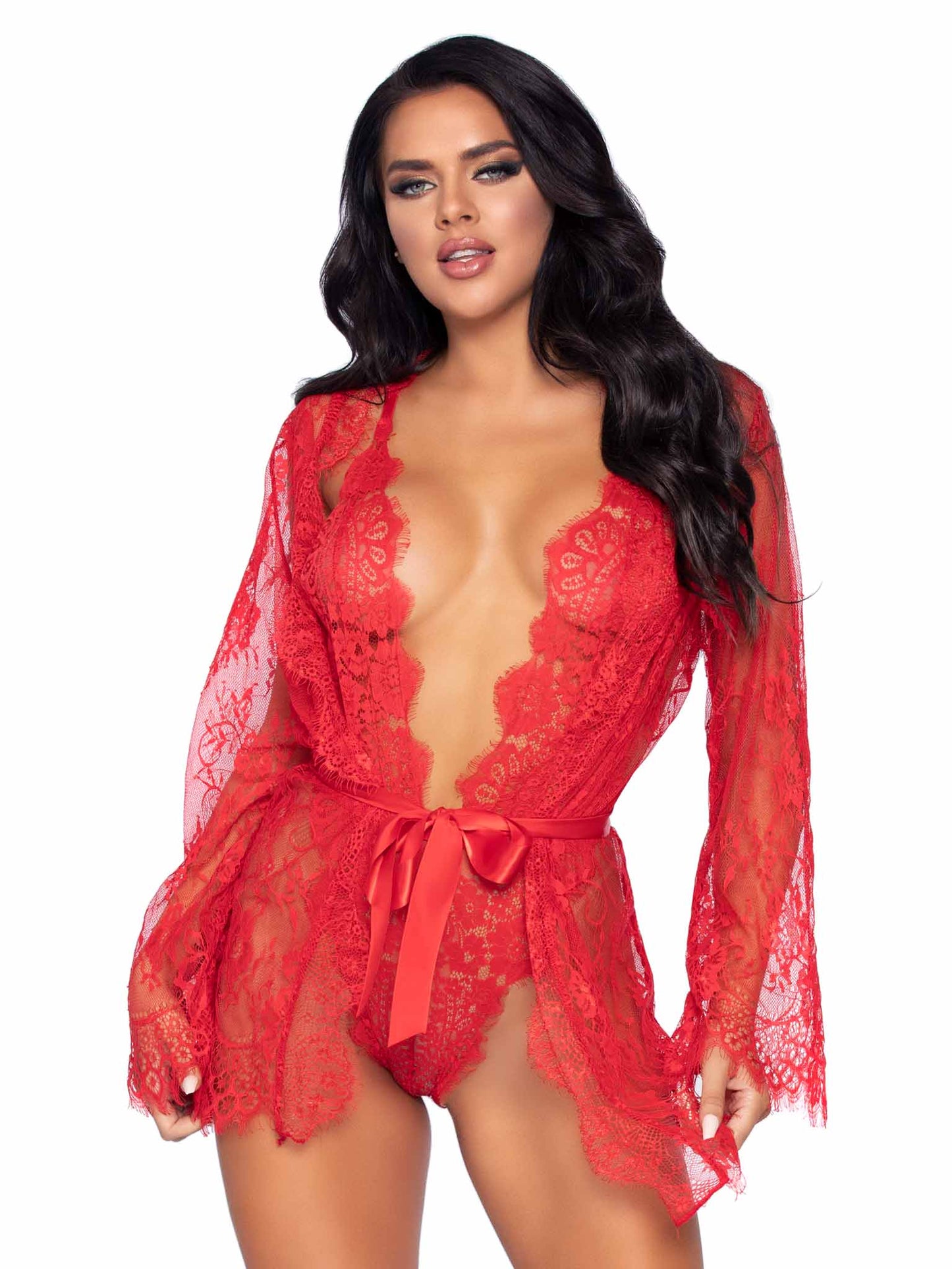 3 Pc Lace Teddy, Matching Robe and Tie Red