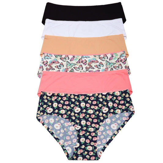 6-Pack: Nylon Mesh Hip Hugger Panties With Laser-Cut Leg