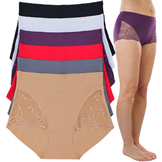 6-Pack: ToBeInStyle Women's High Waisted Seamless Laser Cut Side Lace Design Front Panties