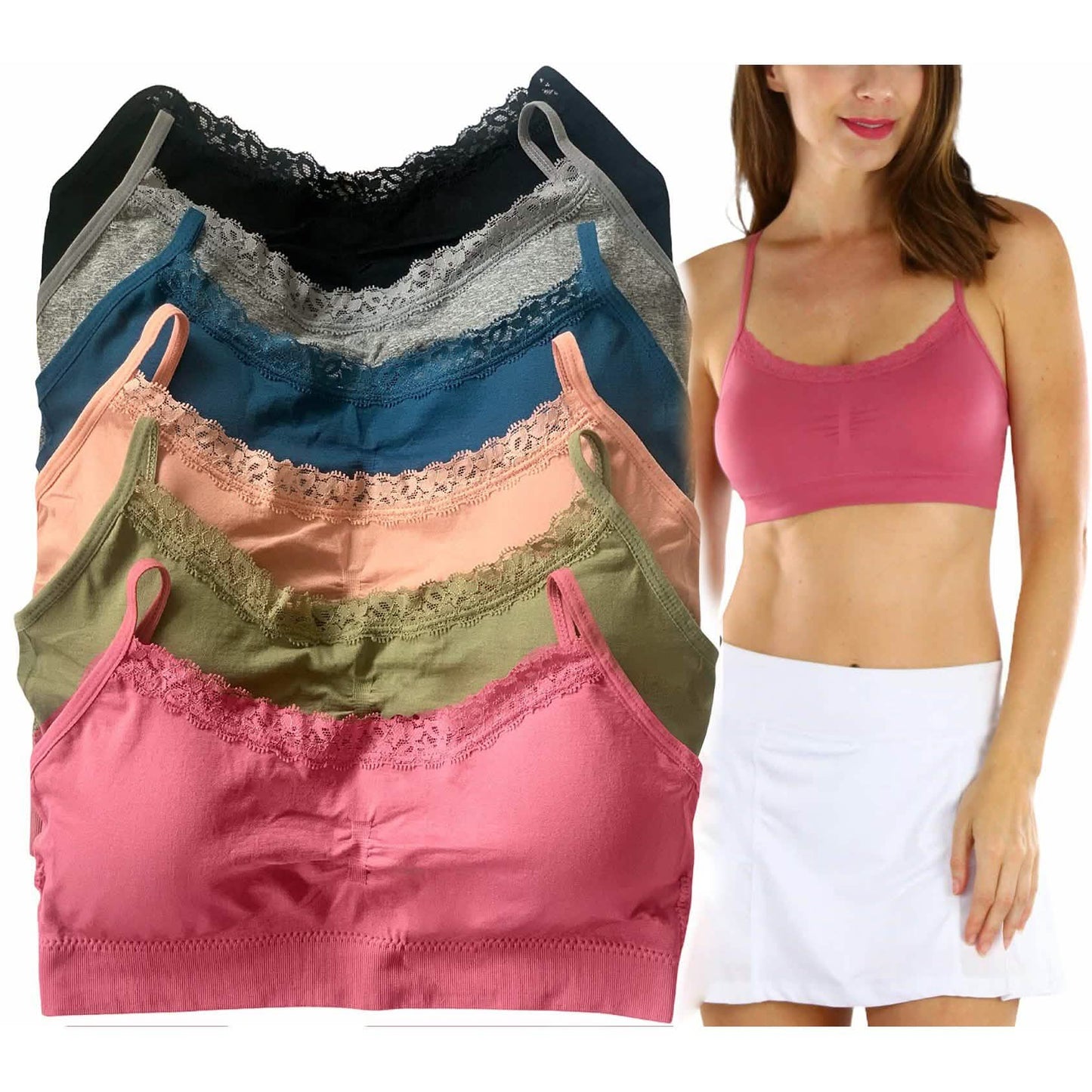 6-Pack: ToBeInStyle Women's Nylon Wire-Free Convertible Padded Bralettes