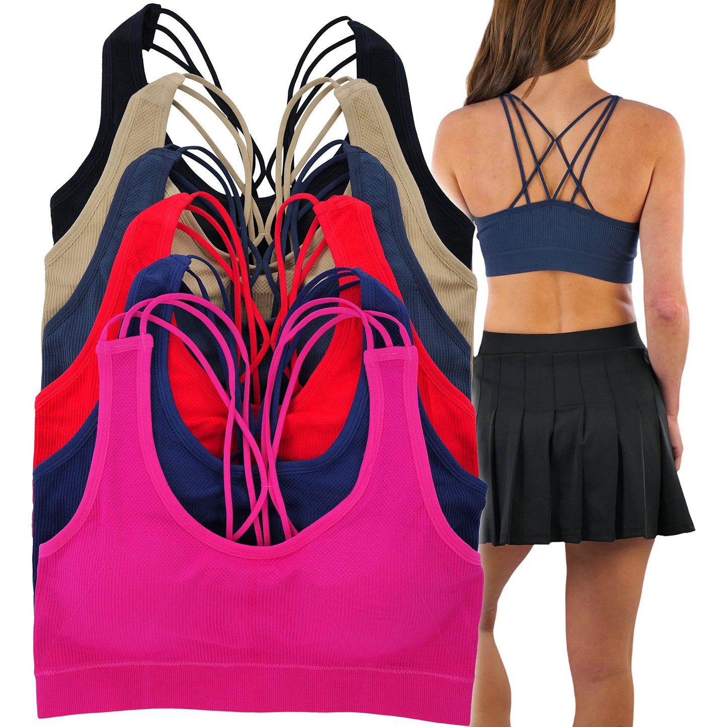 6-Pack: ToBeInStyle Women's Tank Front with Strappy Back Wire Free Sport Bralettes