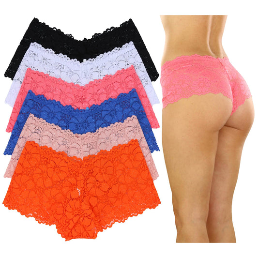 6-Pack: Women's Floral Lace Boyshort Panties with Ribbon Women's Lingerie S - DailySale