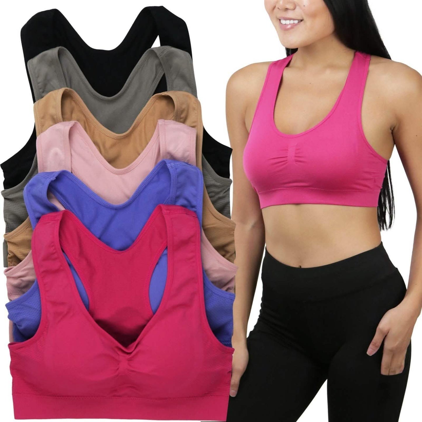 6-Pack: Women's Supportive Padded Racerback Sports Bras