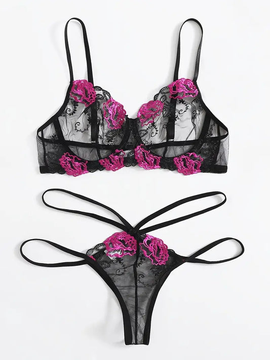 Rose Embroidered Mesh Contrast Color Sexy Lingerie Set, Sheer Thin Bra & Thin Strap Cross Cheeky Panty