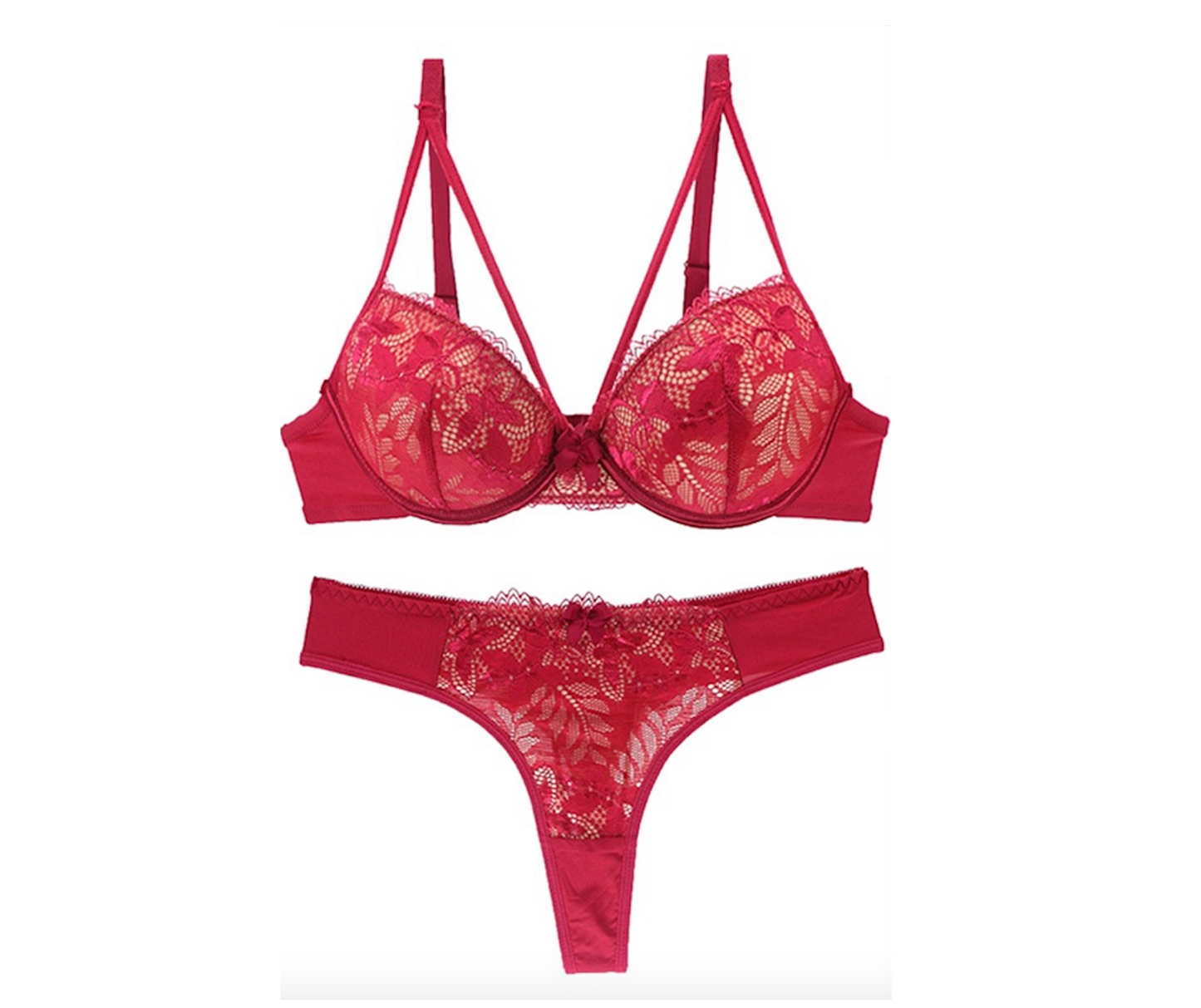 V Strap Push-up Flower Lace Bra and Thong Panty Set