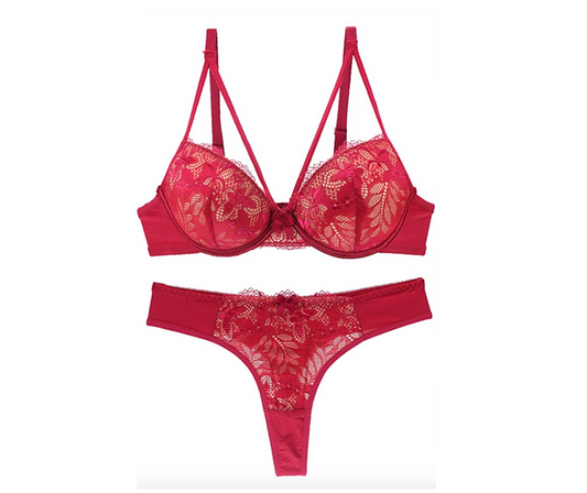 V Strap Push-up Flower Lace Bra and Thong Panty Set