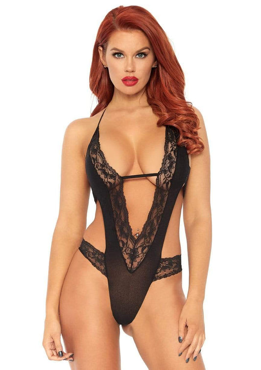 Stretch Lace Deep-V Teddy Black