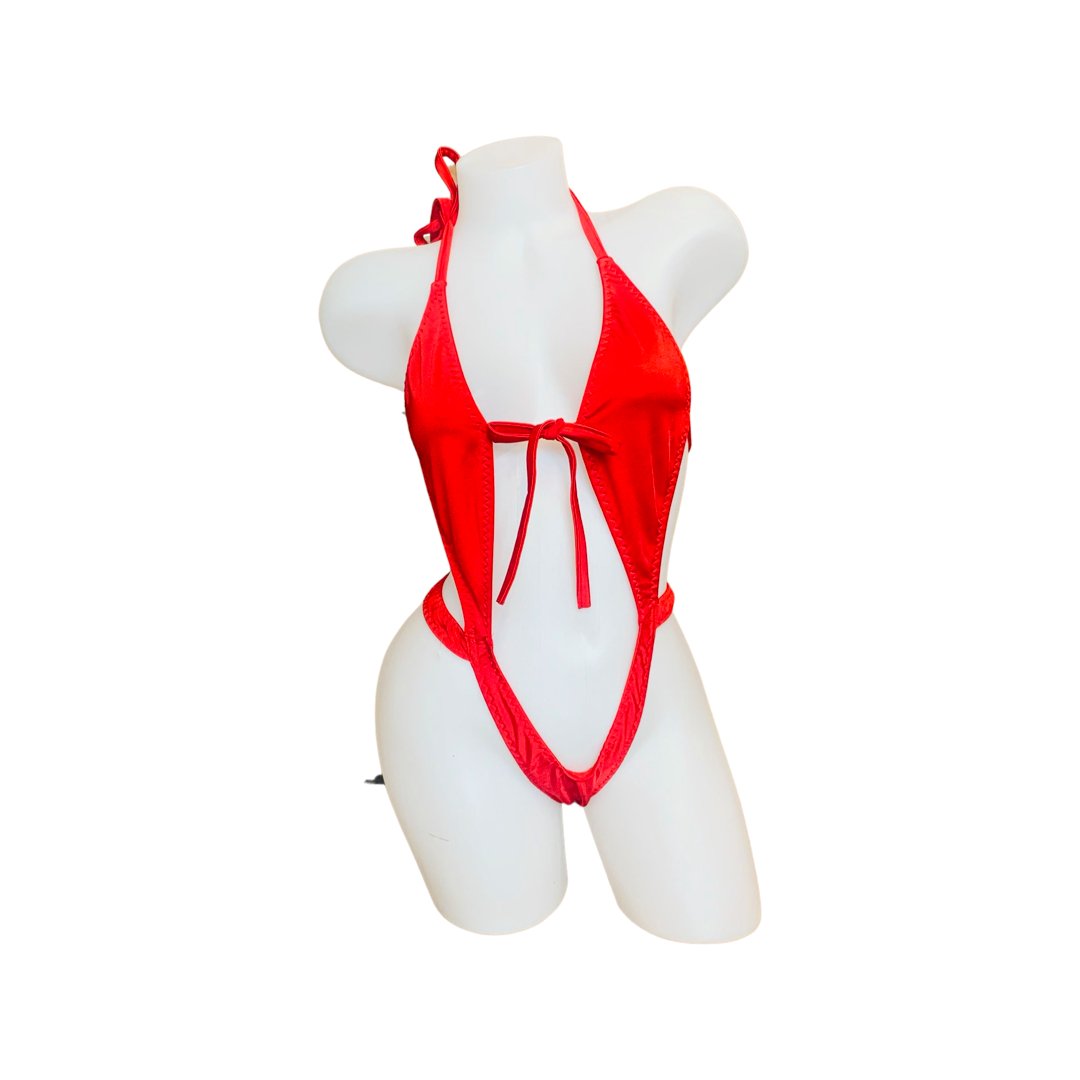 Suspender Front Tie Top & Thong Red