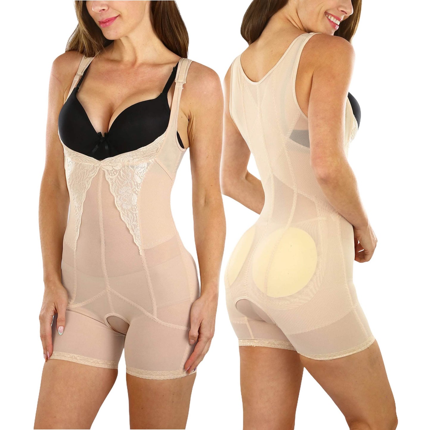 ToBeInStyle Women's Open Bust Floral Lace Shorts Bodysuit Shaper