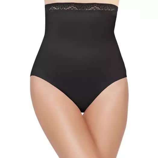 Women's High-Waist Brief Lightweight Shaper with Lace Trim Women's Clothing Black S/M - DailySale